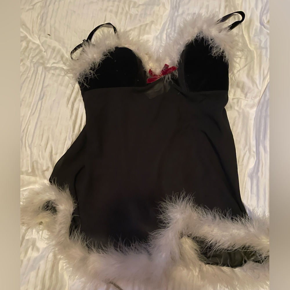 Black and White Feather or Fur Trimmed Lingerie, Size S
